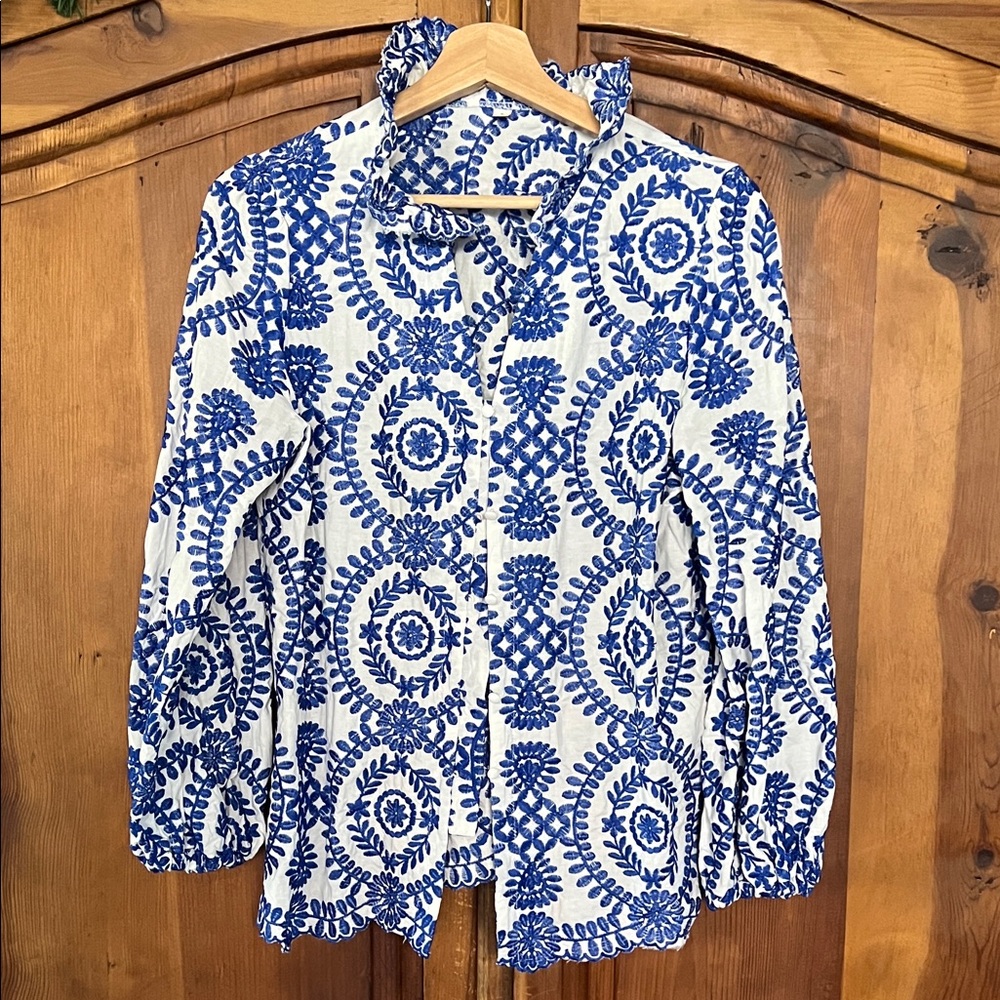 Blue and White Patterned Blouse from SHEIN